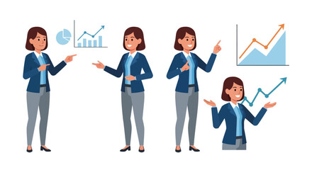 Obraz premium Businesswoman Character Presenting Data, Analytics, and Financial Growth Charts in Various Poses - Vector Illustration