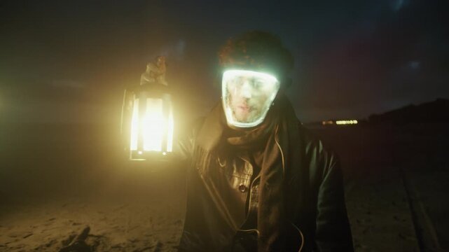 dystopian character ventures into the night
