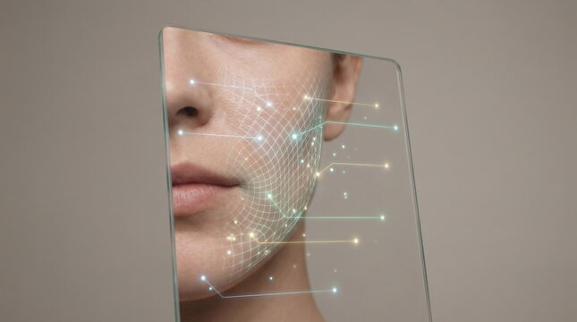 A woman's facial cosmetics analyzer on a transparent digital tablet using artificial intelligence. Future skincare technologies and cosmetic procedures in a clinic. Design element.