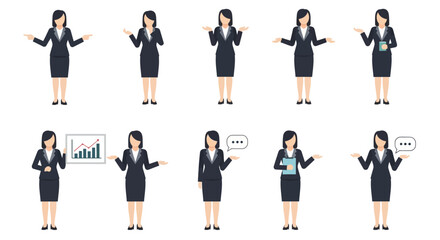 Obraz premium Businesswoman Poses Vector Set. Professional Female Characters for Presentations, Communication & Information.