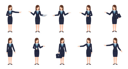 Obraz premium Businesswoman Vector Poses Set: Professional Female Character Gestures Including Pointing, Presenting, Explaining, Holding Tablet & Briefcase - Corporate Icon Collection