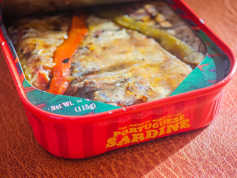 02 18 2026 - Libson, Portugal. Sardines in a can. Colorful can with sardines with pepper in oil. Canned sprats close up photo. Healthy meal concept. The Fantastic World of Portuguese Sardine