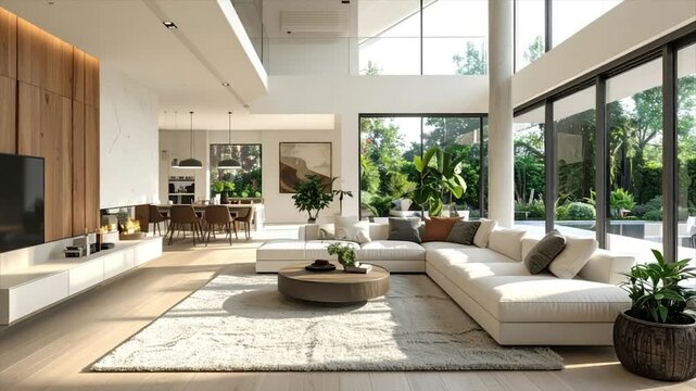 Modern, bright living room with large windows, fireplace, sectional, and open dining area