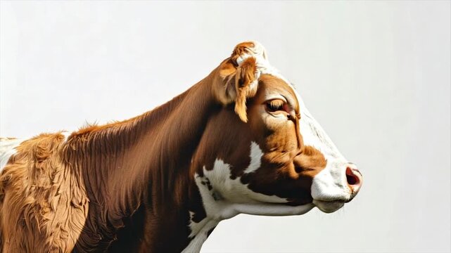A brown and white cow head in profile against a white background