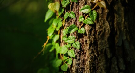 Obraz premium Tree trunk covered in climbing ivy with lush green leaves bathed in soft sunlight