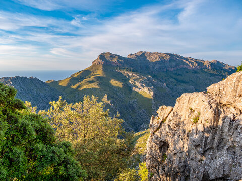 Rugged limestone peaks and terraced valleys showcase the raw beauty of Serra de Tramuntana mountain range on Mallorca island, captured in golden Mediterranean light perfect for travel content.