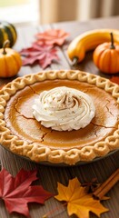 Freshly baked dessert sits surrounded by decorative autumnal elements on a wooden surface