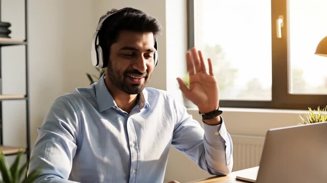 Smiling indian man wearing headphones video calling on laptop, waving hand in frame three, showing remote work and communication