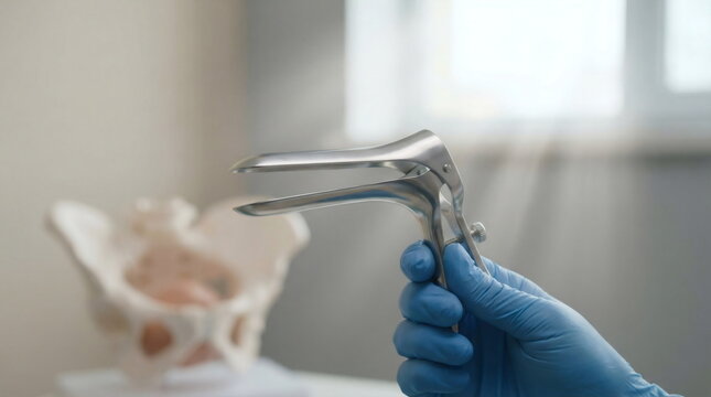 Doctor hand in glove holding a gynecological speculum for medical examination of woman. Womens health and gynecology concept.