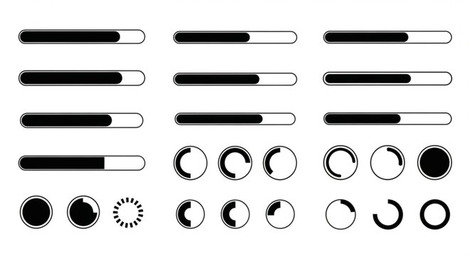 Collection of varied loading bars and circular progress indicators in black and white, perfect for web and app interface design.