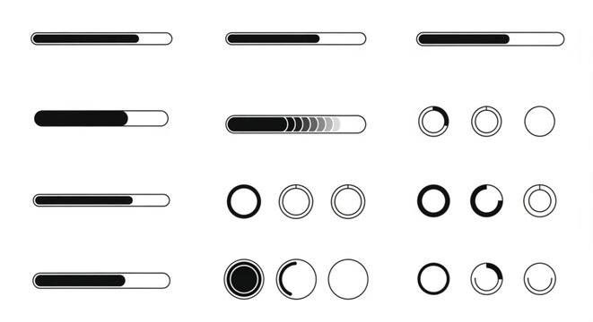 Collection of loading bars and circular progress indicators in various styles, representing download, upload, and processing states.