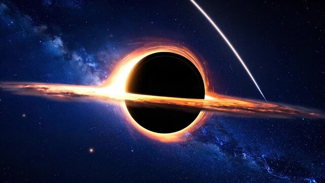 A vibrant black hole illustration with an accretion disk in space, with stardust and a streak