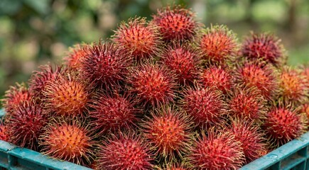 pile of fresh ripe rambutan fruits in a plastic crate at harvest