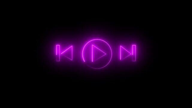 Music timeline or video track player icon in glowing neon line. Music arrow button symbol .Play button icons Round icons on BLACK backdrop. Video Audio Player Navigate Symbol.