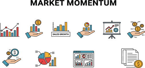 Market Momentum Concept with Sales Growth Charts Financial Analytics Icons and Investment Performance Vector Illustration Set
