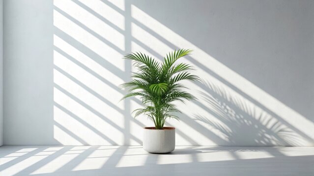 A potted areca palm plant casting shadows on a white wall
