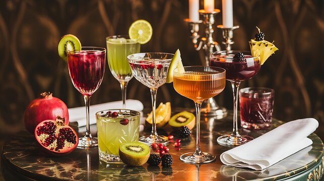A minimalist still life composition featuring cocktails, fruits, and garnishes on a luxurious table setting, viewed from a slightly elevated angle