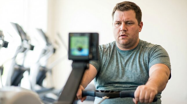 An overweight man makes an effort while training on a rowing machine in the gym