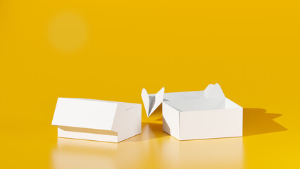 isolated 2 white packaging boxes on a yellow honey background, 1 box is open and the other box is closed
