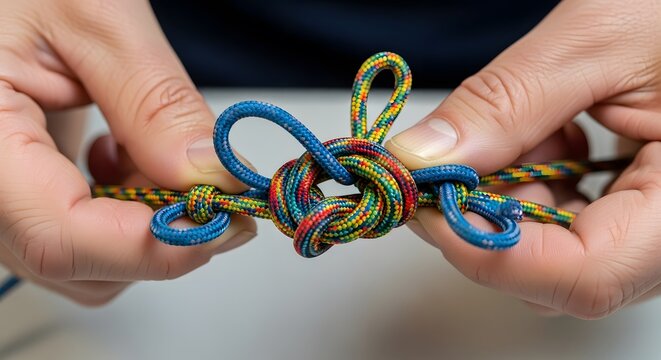 Extreme close up of hands tying intricate multicolored climbing rope knot against blurry background
