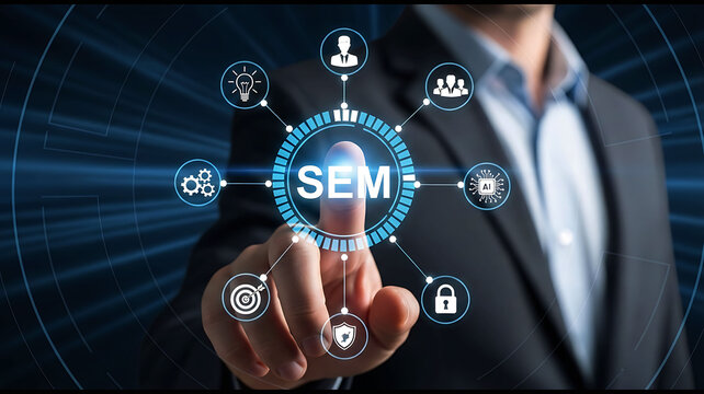 Businessman touching digital SEM search engine marketing icon on virtual screen