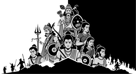 A striking monochrome illustration depicting a powerful assembly of Hindu deities and mythical figures, symbolizing strength and divine presence.