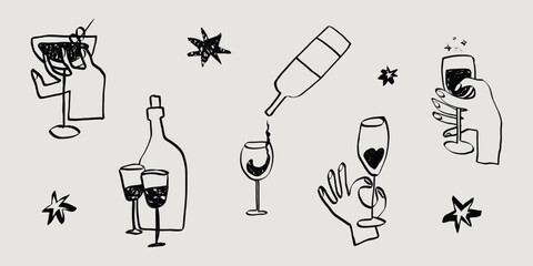 Fototapeta premium Whimsical chalk doodles of wine glasses and cheers. Perfect sketch for party invitations and parisian restaurant menus in crayon style. La dolce vita italian vector illustration