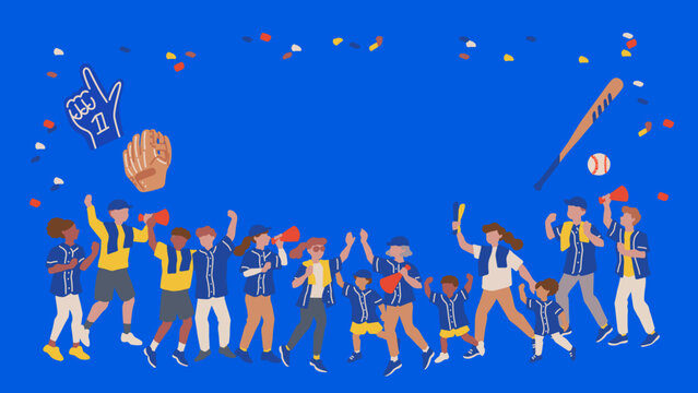 野球の試合を応援するサポーター、試合を観戦する観客たちと子どもたちのベクターイラストテンプレート フレーム 16:9 Vector Illustration Template of Baseball Fans Cheering at a Game.