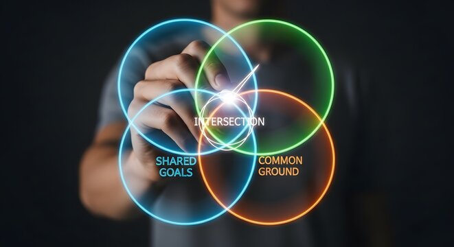 Businessman drawing venn diagram with intersection labeled for shared goals and common ground