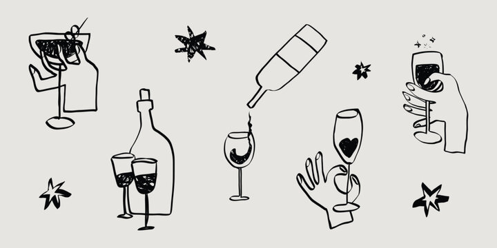 Whimsical chalk doodles of wine glasses and cheers. Perfect sketch for party invitations and parisian restaurant menus in crayon style. La dolce vita italian vector illustration