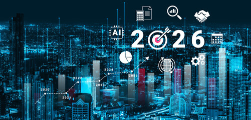 Naklejka premium Bar graphs, charts, and number 2026 with AI and data analysis icons symbolizing future business innovation and analytics Parse