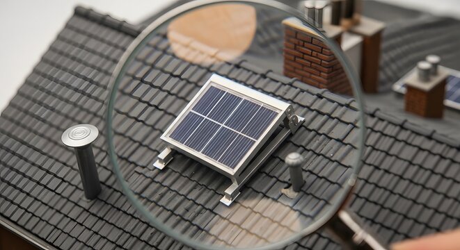 Magnifying glass examining solar panel installation on black tiled roof of architectural house model