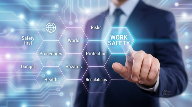 A professional businessman in a suit touches the illuminated "Work Safety" button on a futuristic virtual screen, surrounded by other relevant hexagonal concept icons.