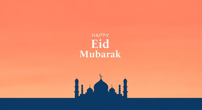 Happy Eid Mubarak greeting with mosque silhouette at sunset.