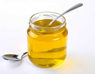 Golden cooking oil or clarified butter in a glass jar with a spoon, isolated on white, ready for various culinary applications