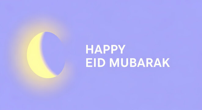 Happy Eid Mubarak Greeting with Crescent Moon on Purple Background.