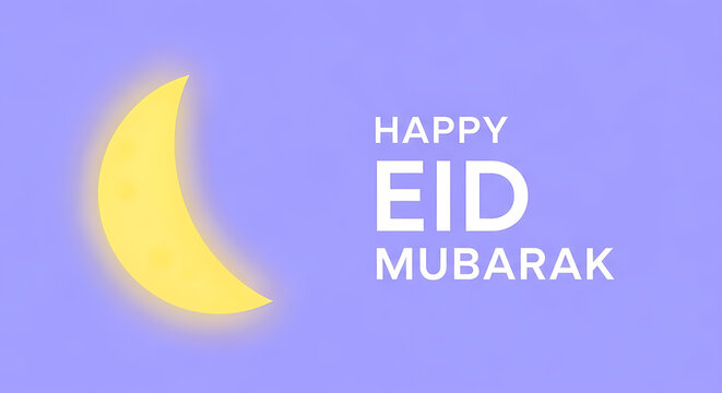 Eid Mubarak Greeting with Crescent Moon on Purple Background.