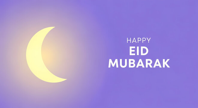 Eid Mubarak Greeting with Crescent Moon on Purple Background.