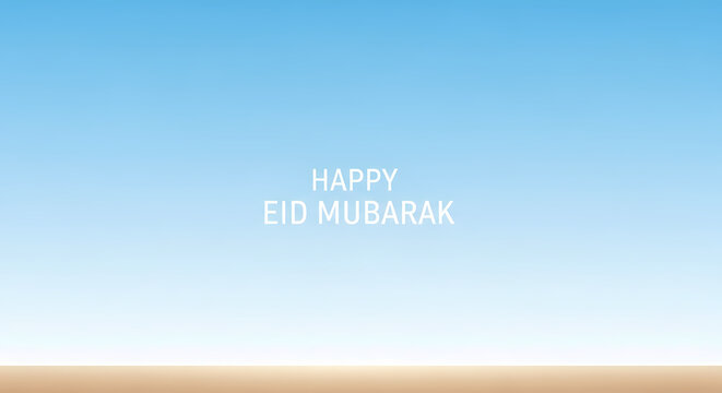 Eid Mubarak greeting card with blue sky and sandy ground.