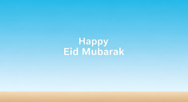 Happy Eid Mubarak greeting card with blue sky and sandy beach background.