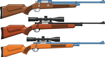 Realistic Hunting Rifle Collection Vector Illustration with Wooden Stocks and Scopes Isolated on Light Background for Shooting Sports Design