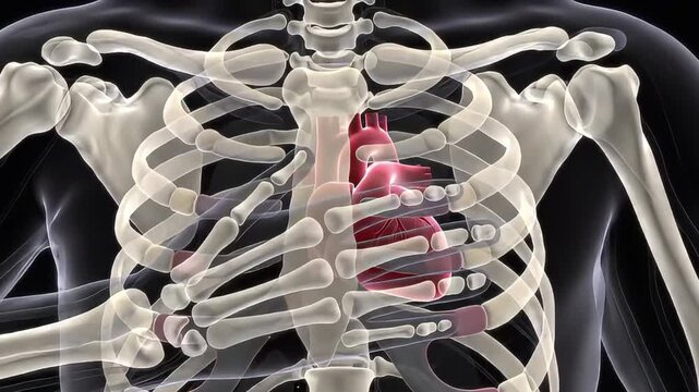 Detailed 3D medical animation of the human heart inside the rib cage with highlighted red cardiovascular system. High-quality anatomical visualization suitable for healthcare, medical education, cardi
