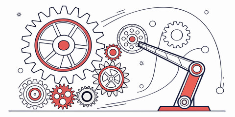 Obraz premium Intricate mechanical illustration featuring gears and a robotic arm in red
