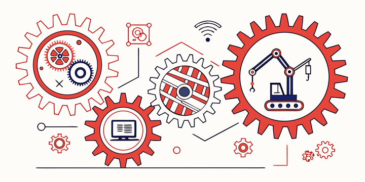 Illustration of interconnected gears representing various construction and industrial processes