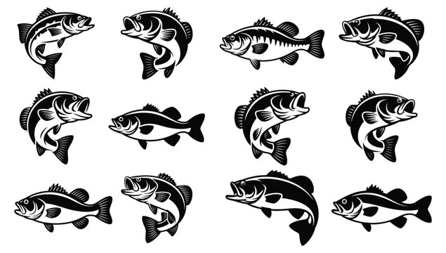 Bass Fish Silhouettes, Collection with Dynamic Jumping Fish, Black and white vector collection of largemouth bass fish, Largemouth Bass Fish Logo