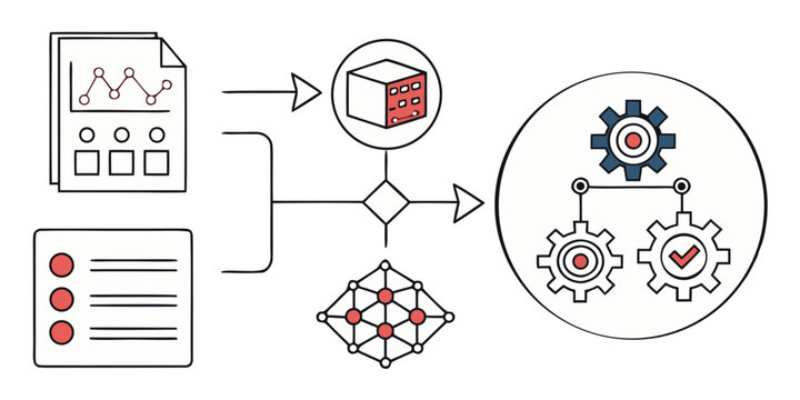 Illustration of a complex data processing and machine learning workflow
