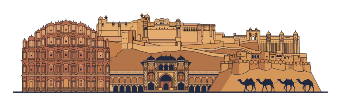 Colorful Rajasthan skyline vector flat illustration showcasing famous Indian heritage monuments ancient forts Hawa Mahal and traditional desert camels in warm earthy tones.