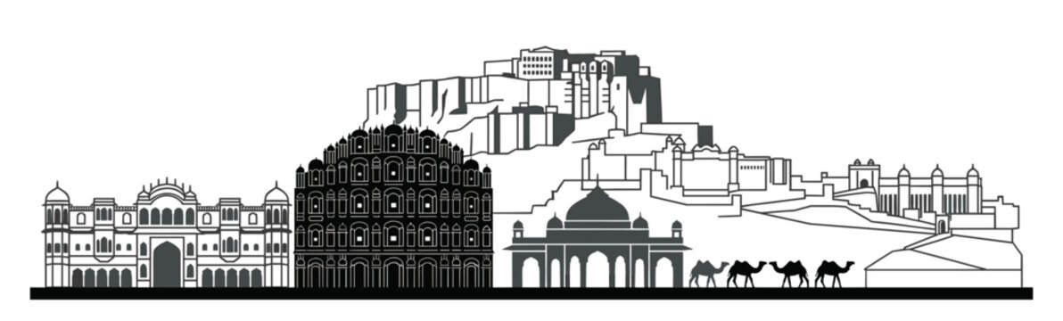 Rajasthan skyline vector illustration detailed black and white line art featuring historic Indian palaces forts Hawa Mahal and desert camels for travel design backgrounds.