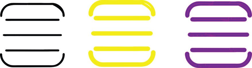 Fototapeta premium Three Abstract Burger Icons: Black Yellow Purple on White Background Simple Design