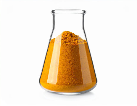 Bright yellow powder in a clear glass scientific flask on white, representing chemistry, spices, or health products for diverse applications